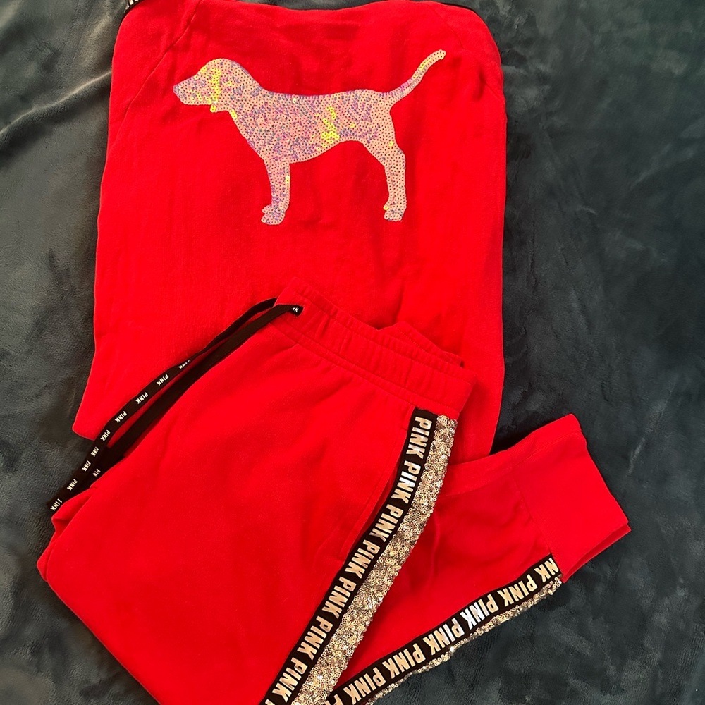 Victoria's Secret Red Sweatsuit with Bling Detailing